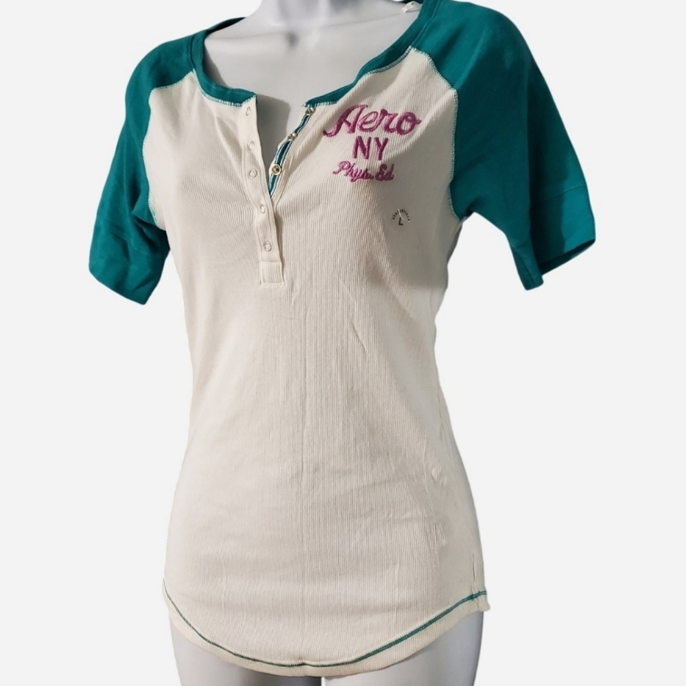 NWT Aeropostale Teal and Cream Henley Tee Shirt